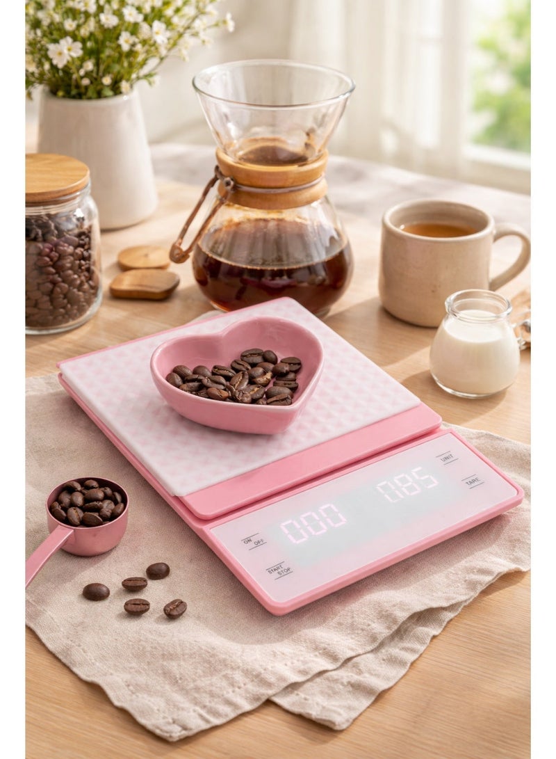 دائرة مربعة ميزان قهوة رقمي مع مؤقت، دقة عالية 3 كجم / 0.1 جم لتحضير القهوة المقطرة والإسبريسو مع شاشة LCD مضيئة (وردي) - Image 2